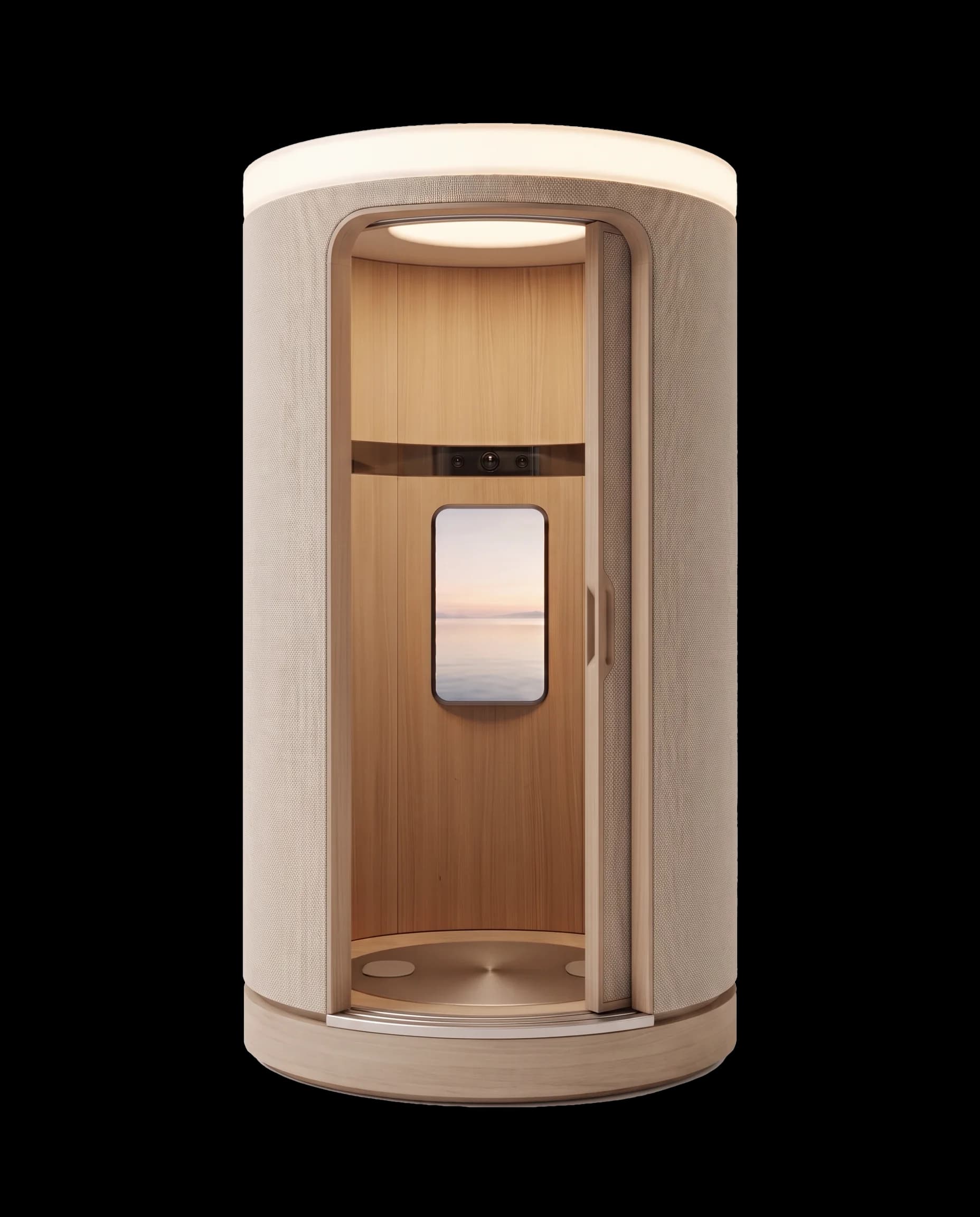 Soma Axon concept render: a round cabin wrapped in knit under a glowing crown, its door slid open on a light oak inside with a ceiling light, a camera band, a screen and a floor plate
