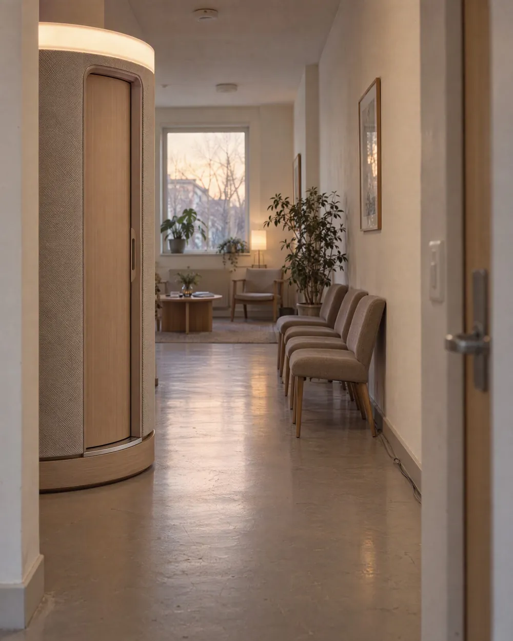 Concept view of a Soma Axon pod at the end of a quiet clinic corridor lined with waiting chairs